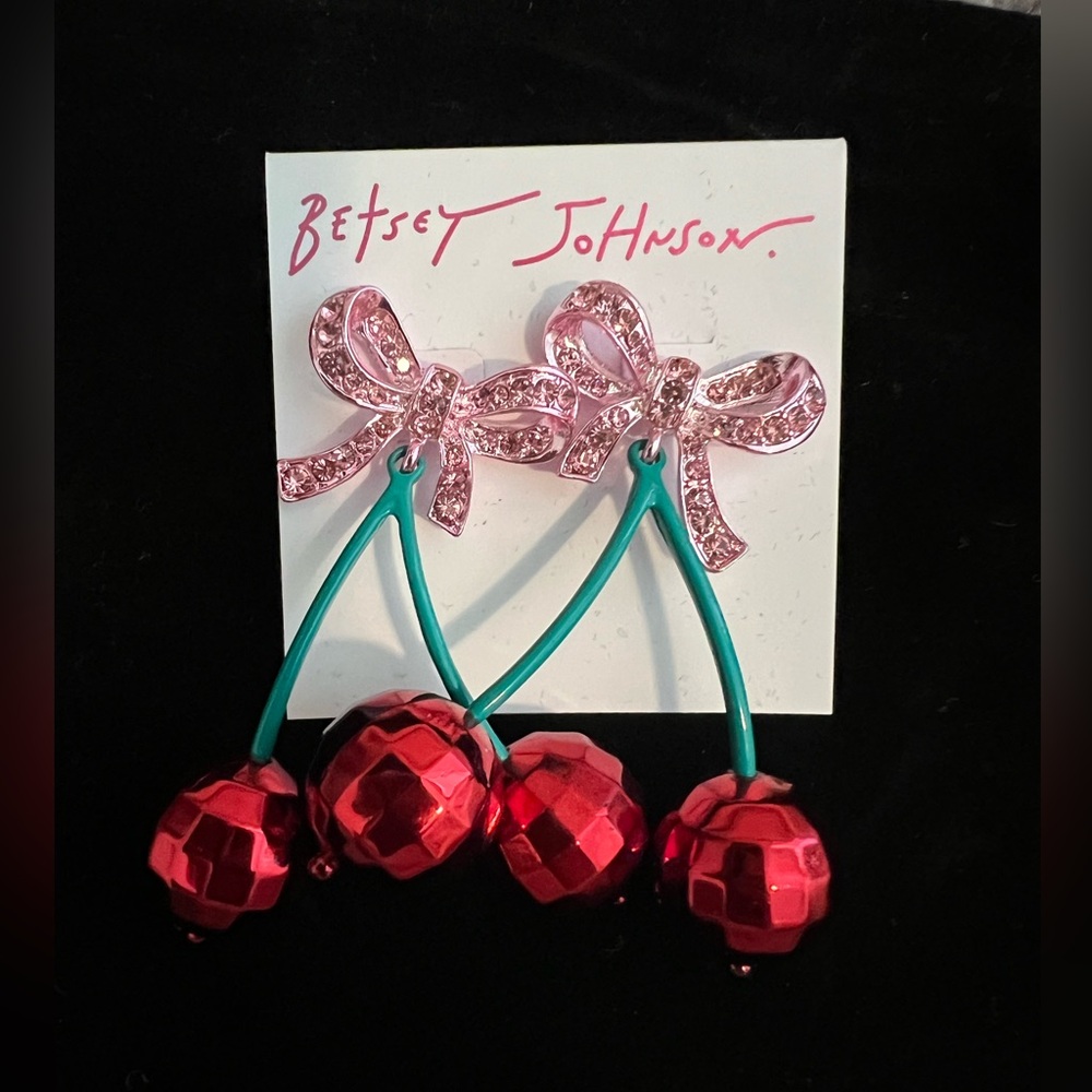 Betsey Johnson Think Pink Disco Cherry Bow Drop Earrings